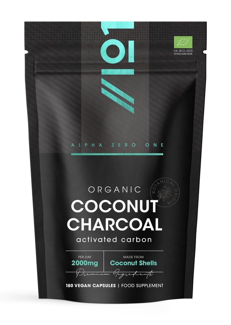 Organic Activated Coconut Charcoal 2000mg â€“ 180 Vegan Capsules â€“ Bloating & Gas, Digestion & Flatulence Natural Relief â€“ Resealable and Recyclable Pouch by Alpha01